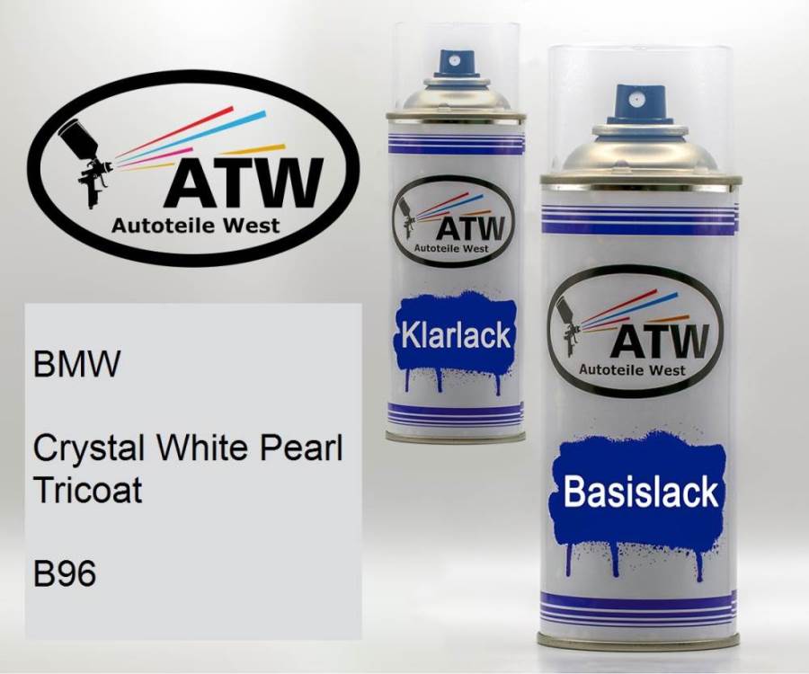 BMW, Crystal White Pearl Tricoat, B96: 400ml Sprühdose + 400ml Klarlack - Set, von ATW Autoteile West.